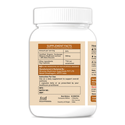 Miracles Mushroom Cordyceps Militaris – 100% Fruiting Body Extract (60 Capsules)