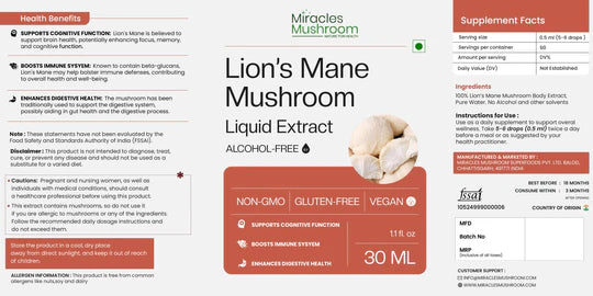 Miracles Mushroom - Lion's Mane Mushroom Liquid Extract - 30ml