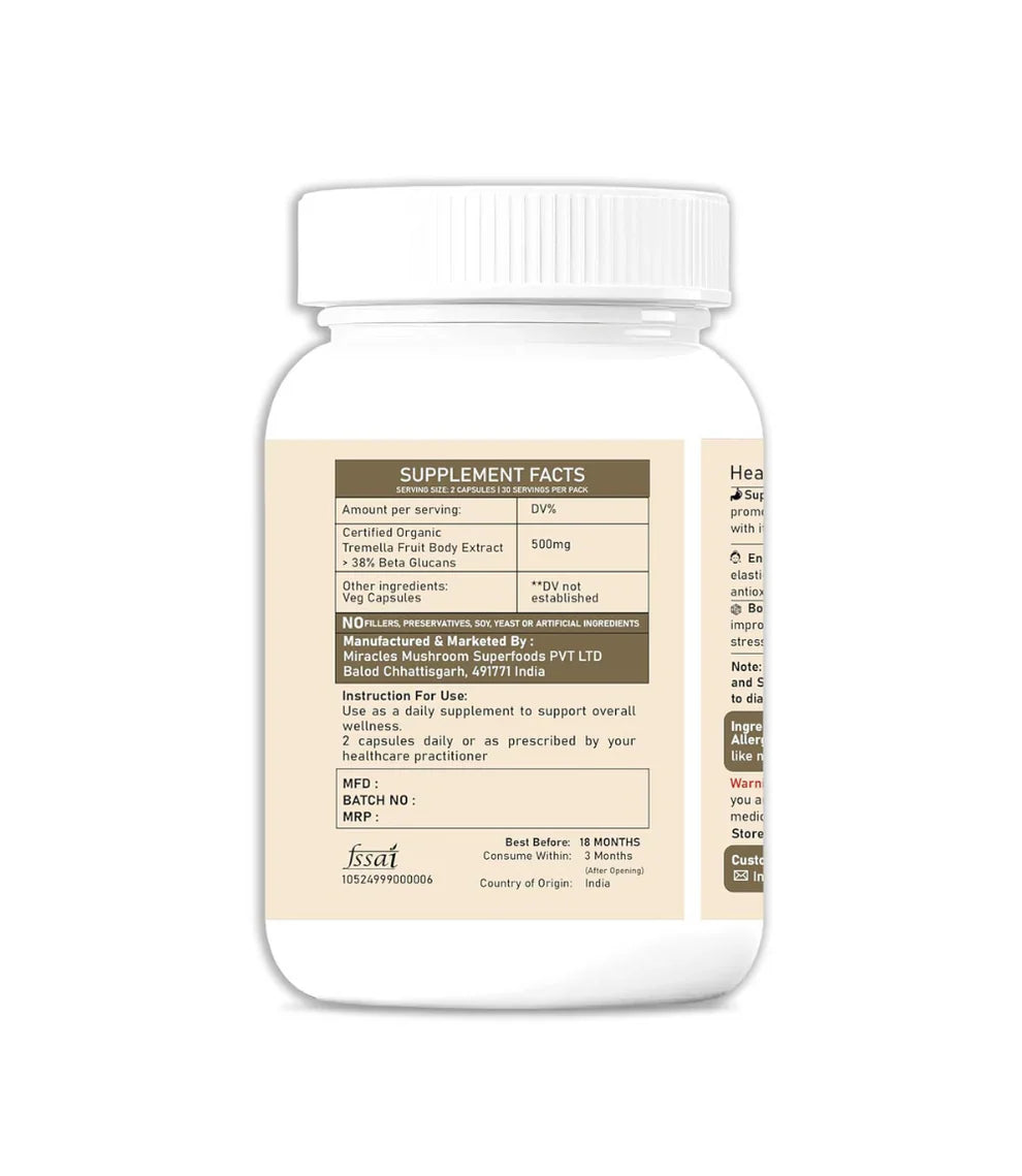 Miracles Mushroom - Tremella Mushroom Extract Capsules - 60 Capsules