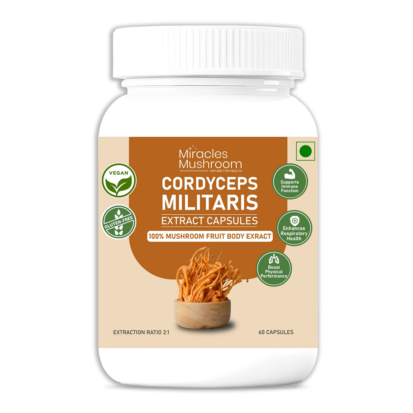 Miracles Mushroom Cordyceps Militaris – 100% Fruiting Body Extract (60 Capsules)