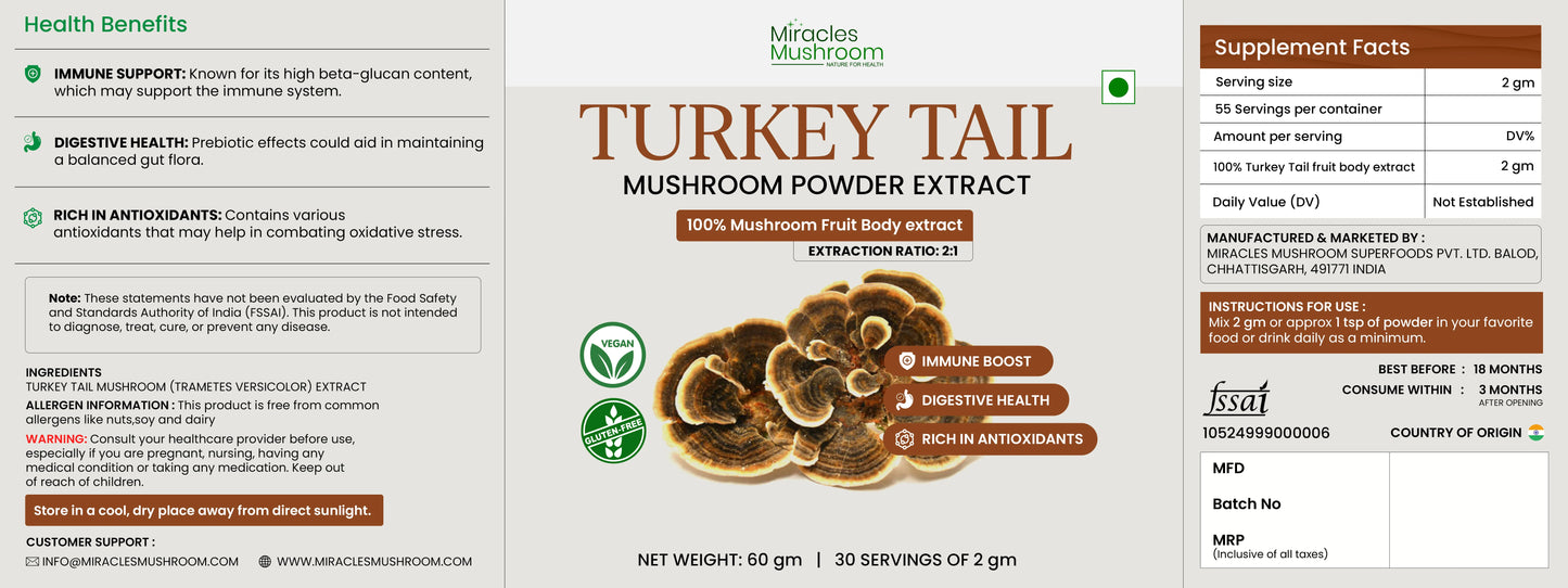 Miracles Mushroom : Turkey Tail Mushroom Extract Powder 60g